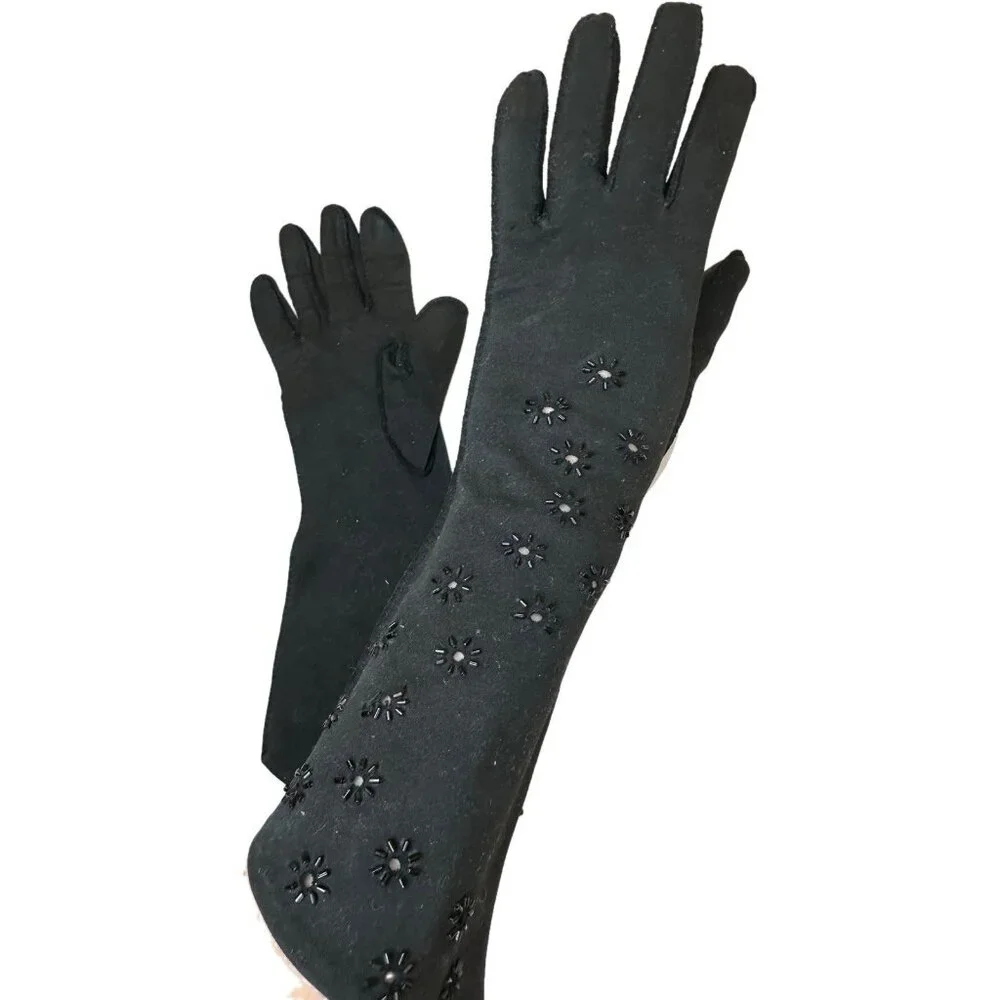 Vintage Crescendoe Black Cotton Gloves Beaded XS 6 1/2 Women's 1950s